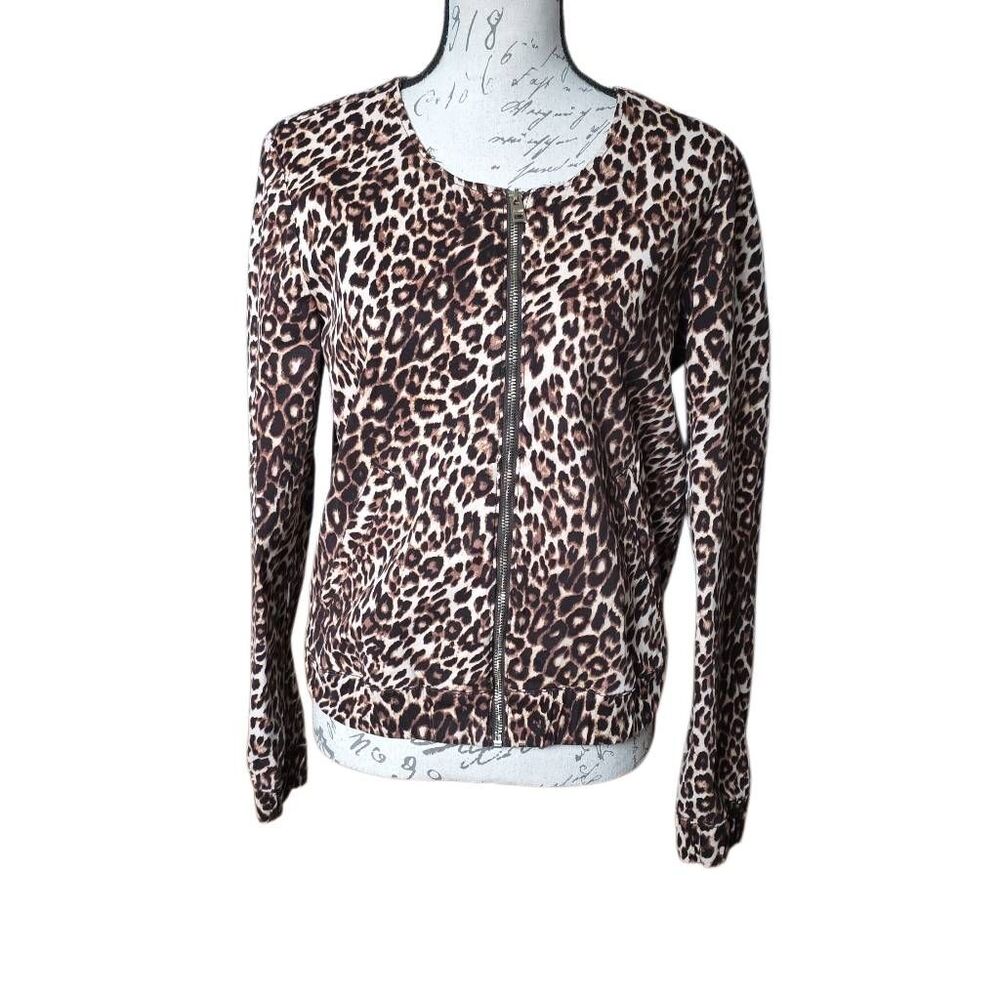 Guess Women's Size Large Tan Black Cheetah Print Cotton Blend Full Zip Jacket